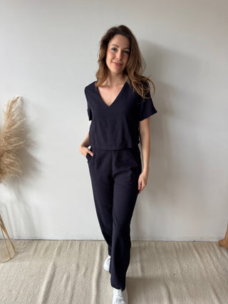 Navy open back linen jumpsuit