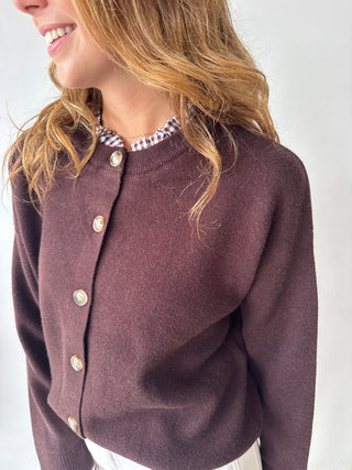 Checked details brown button knit