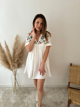 Colorful flowers white babydoll dress