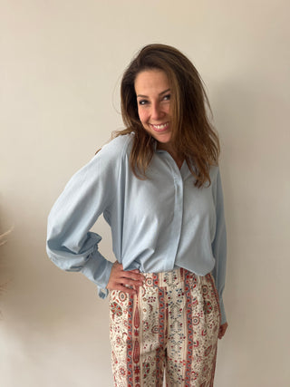 Blue linen bow shirt