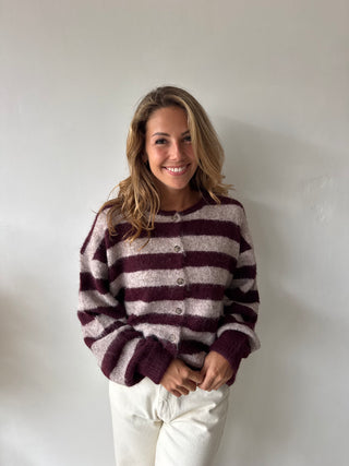 Burgundy taupe striped button knit