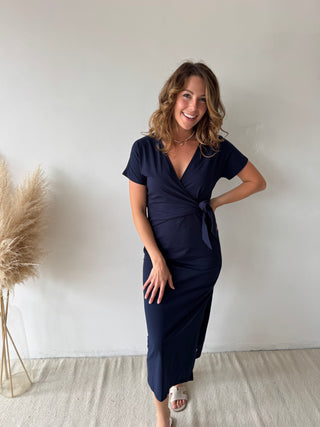 Navy knot split dress