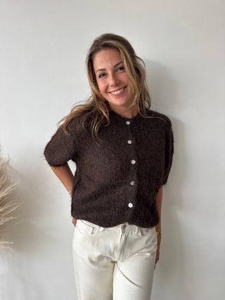 Brown short sleeves button knit