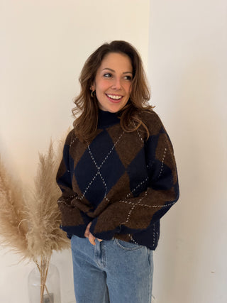 Navy brown argyle knit