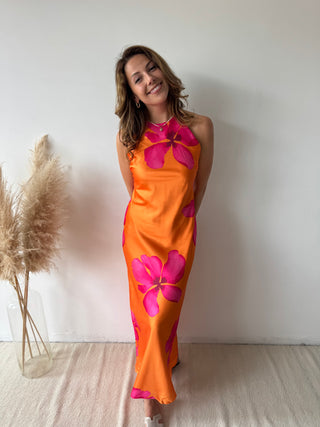 Fuchsia flowers orange dress