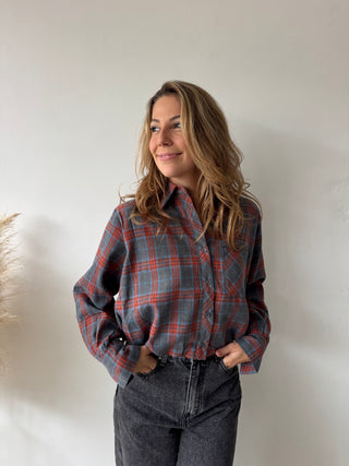 Grey orange checked balloon shirt