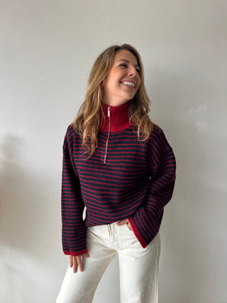 Navy red striped zipper knit