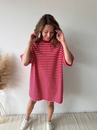 Pink red striped t-shirt dress