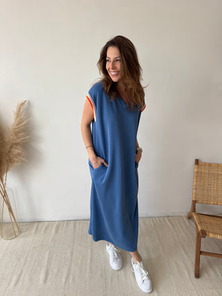 Orange detail blue flowy dress