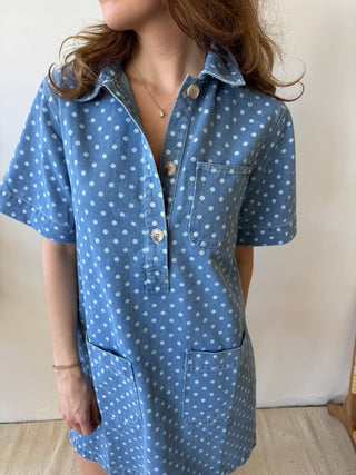 White polka dots denim dress