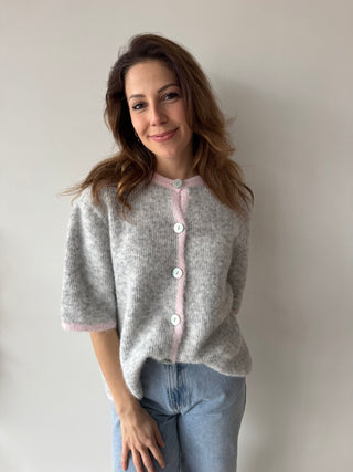 Pink detail grey button knit