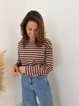 Brown pink striped top