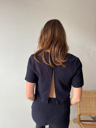 Navy open back linen jumpsuit