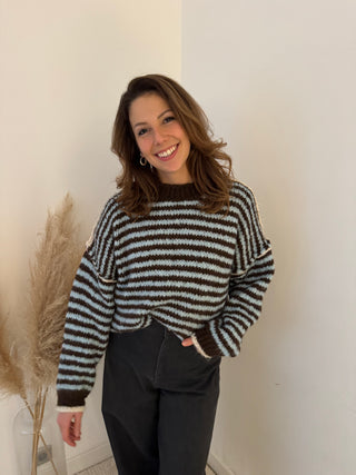 Brown blue striped soft knit