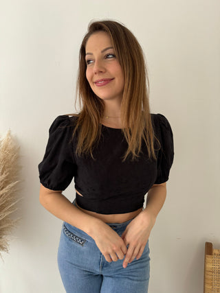 Black flowered bow back top