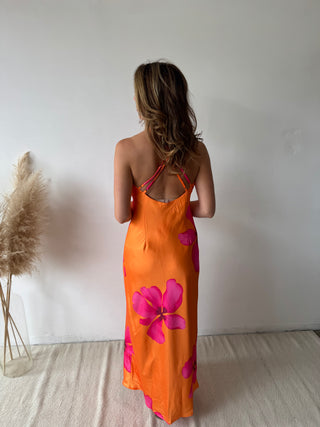 Fuchsia flowers orange dress