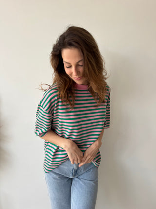 Pink green striped t-shirt