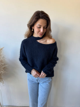 Navy open shoulder soft knit