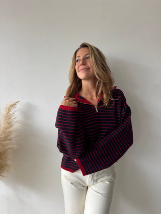 Navy red striped zipper knit