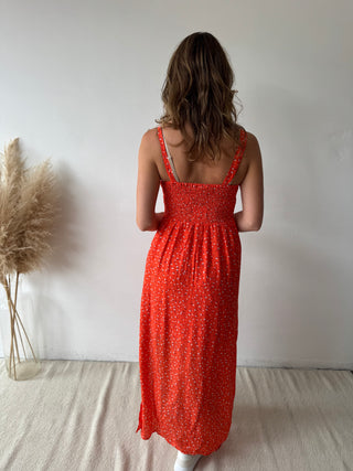 Light pink flowers red dress
