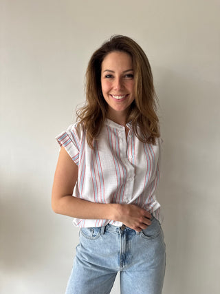 Red blue striped blouse