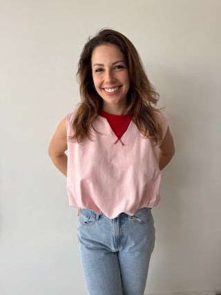 Red detail pink top