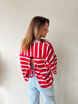 Knot back red blue striped top