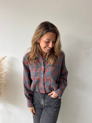 Grey orange checked balloon shirt
