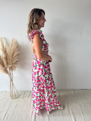 Pink flowers ruffled maxi dress