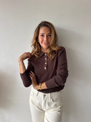 Gold buttons brown ribbed top