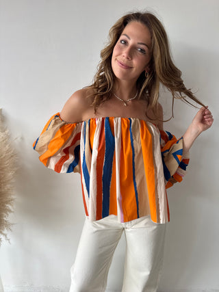 Orange blue strapless top