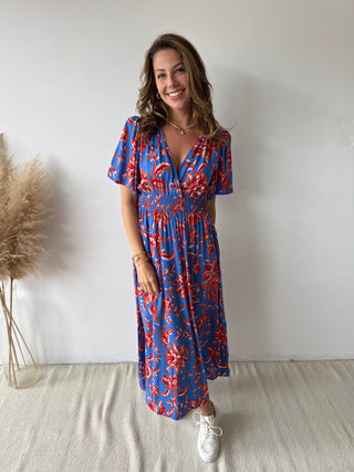 Orange flowers blue maxi dress