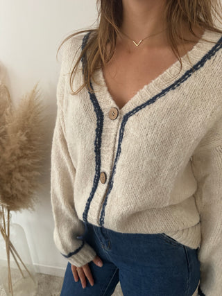 Blue details beige button knit