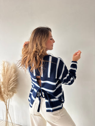 Navy striped knot back knit