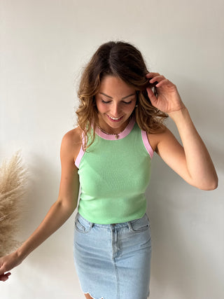 Pink details green top