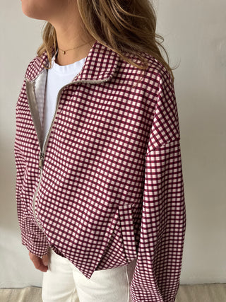 Burgundy checked zipper jacket