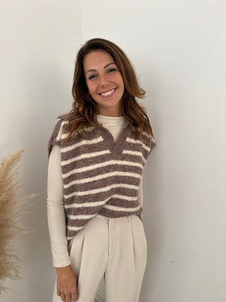 Camel striped sleeveless knit
