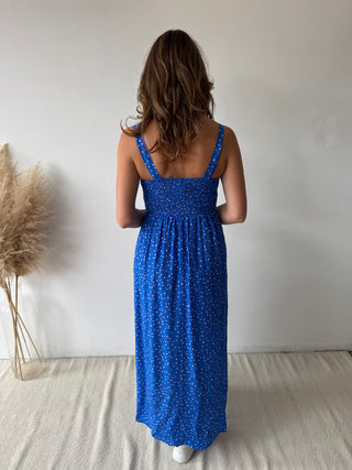 Light pink flowers blue dress