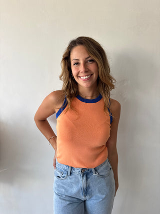 Blue detail orange top