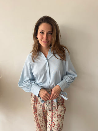 Blue linen bow shirt