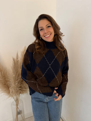 Navy brown argyle knit