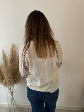 Burgundy details white blouse