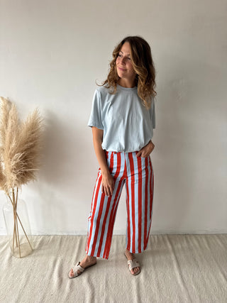 Orange blue striped jeans