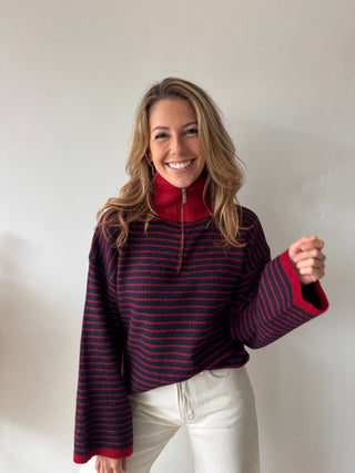 Navy red striped zipper knit