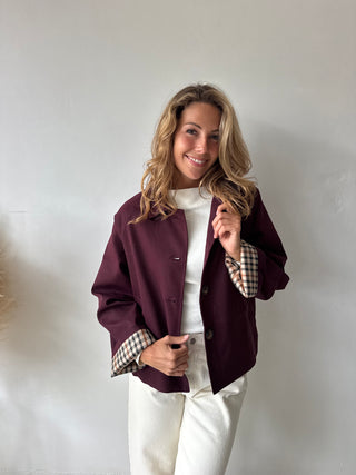 Burgundy checked trench jacket