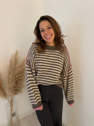 Pink details taupe striped knit