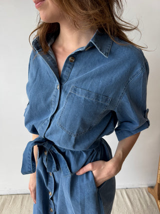 Blue denim midi dress