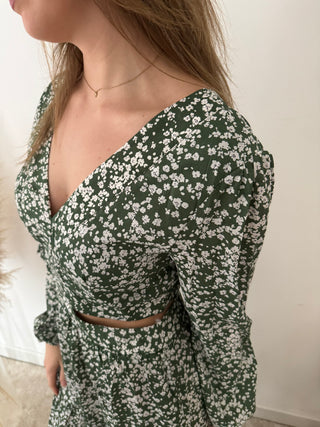 White flowers green cut out dress