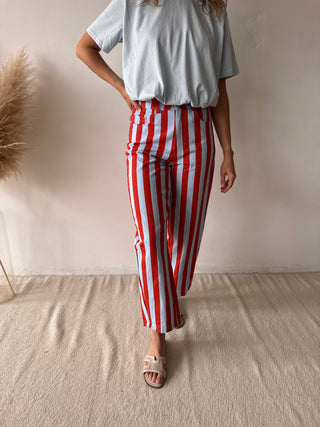 Orange blue striped jeans