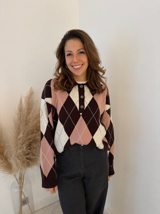 Pink brown argyle polo knit